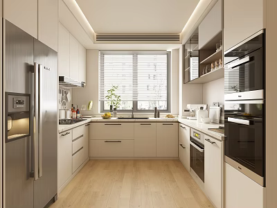 Modern Kitchen Interior With White Cabinets Stainless Steel Refrigerator And Wooden Floor 3d model