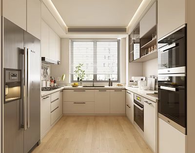 Modern Kitchen Interior With White Cabinets Stainless Steel Refrigerator And Wooden Floor 3d model