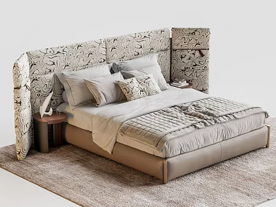 Elegant Double Bed With Patterned Headboard Cozy Bedding And Wooden Nightstand 3d model