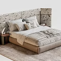 Elegant Double Bed With Patterned Headboard Cozy Bedding And Wooden Nightstand 3d model