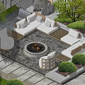 Tranquil Garden Landscape With Circular Fire Pit L shaped Sofa And Green Plants 3d model