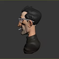 3D Male Character Model With Stylish Hair Glasses Turtleneck Smoking Cigarette In Gray Background