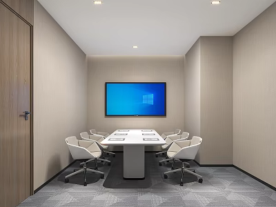 Modern Conference Room Interior With Rectangular Table White Chairs And Large Blue Screen 3d model
