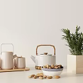 Minimalist Tea Set With Teapot Cups Wooden Tray Almonds And Rosemary