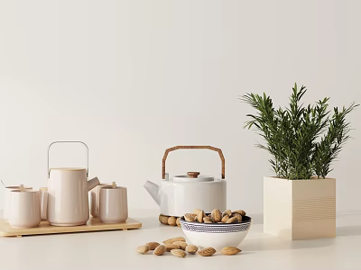 Minimalist Tea Set With Teapot Cups Wooden Tray Almonds And Rosemary 3d model
