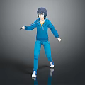 Man in Blue Hoodie and Blue Pants Holding Sword on Gray Reflective Floor