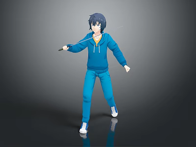 Man in Blue Hoodie and Blue Pants Holding Sword on Gray Reflective Floor 3d model