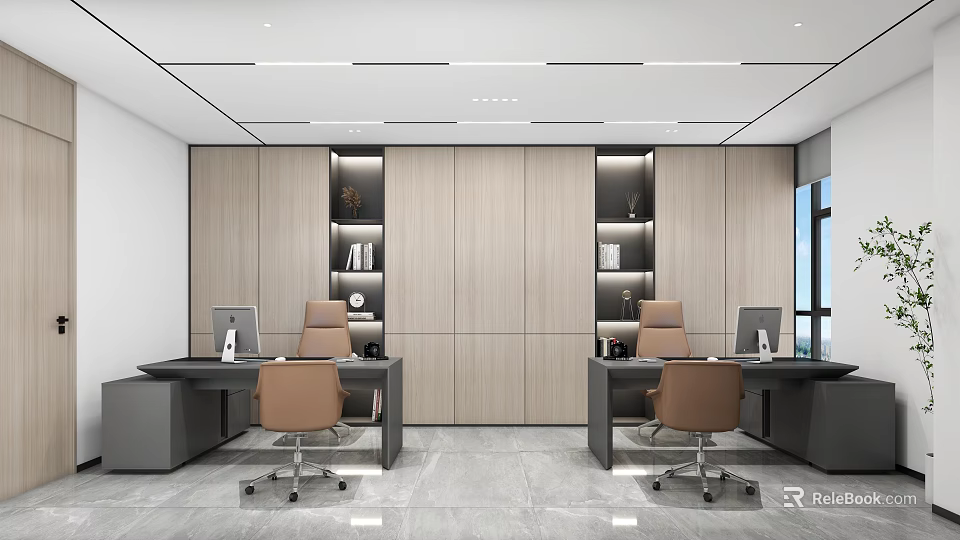 Modern Office Interior Design With Wooden Cabinets Desks Computers Chairs And Windows 3d model 