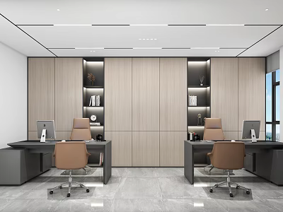 Modern Office Interior Design With Wooden Cabinets Desks Computers Chairs And Windows 3d model