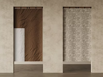 Two Fabric Wall Hangings With Brown White Section And Patterned Design On Beige Wall Background 3d model