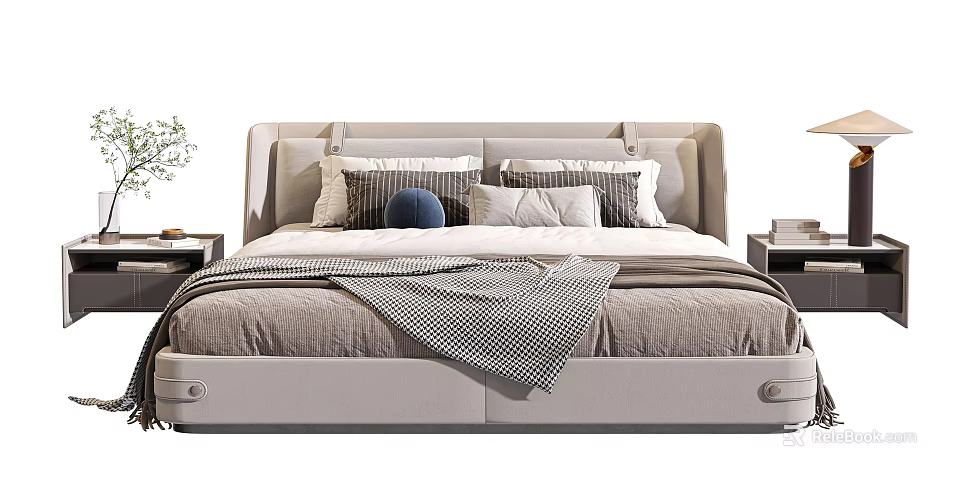 Stylish Double Bed With Upholstered Headboard Decorative Pillows And Plaid Blanket 3d model 