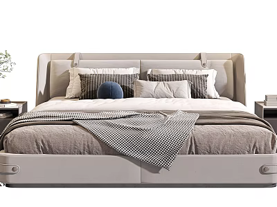Stylish Double Bed With Upholstered Headboard Decorative Pillows And Plaid Blanket 3d model