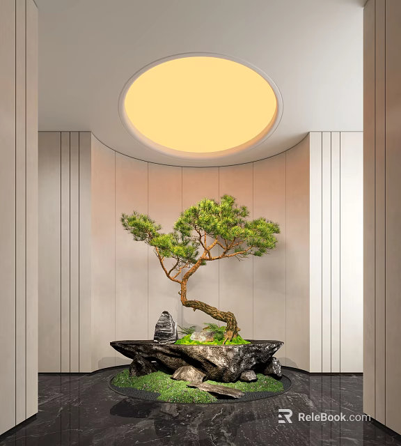 Indoor Landscape Featuring Bonsai Pine Light Wall Vertical Lines Circular Ceiling Light and Stone Base 3d model