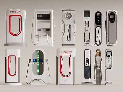 Tesla Electric Vehicle Charging Stations Various Models With Different Designs And Features 3d model