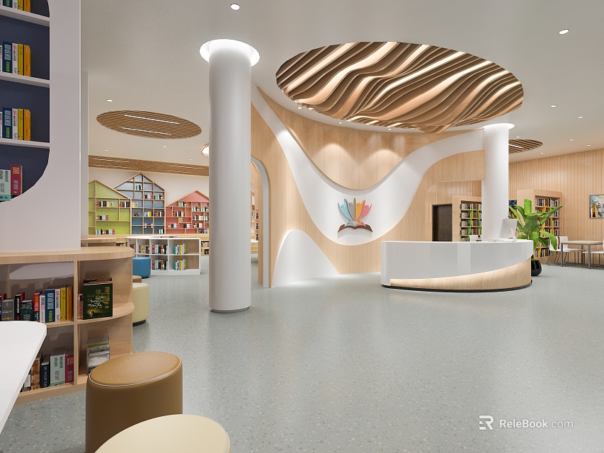 Book Art Bright Library Interior With Curved Wooden Ceiling White Pillars And Bookshelves 3d model 