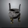 Ancient Metal Tripod Cauldron With Golden Animal Shaped Legs Carved Patterns And Two Side Handles