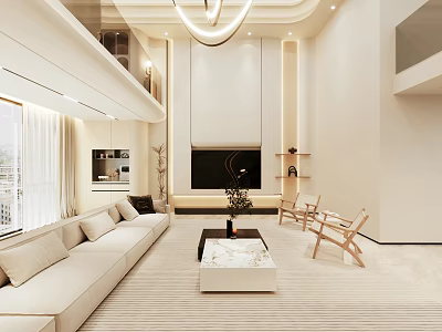 Loft Living Room With Light Toned Decor And Spacious Sofa 3d model