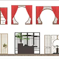 Traditional Chinese Partition Screens With Round Arch Design Carved Patterns Red Curtains And Wooden Flooring