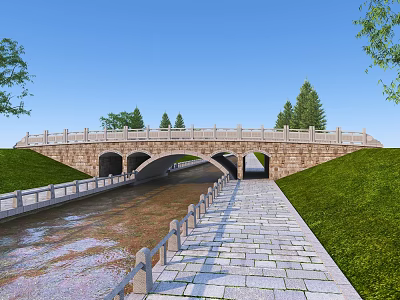 Stone Arch Bridge With Green Grass Trees River Stone Path And Railing 3d model