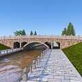 Stone Arch Bridge With Green Grass Trees River Stone Path And Railing 3d model
