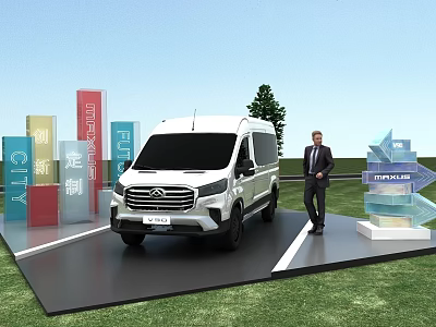 White Commercial Van With Man Standing Near Directional Signs On Grass 3d model