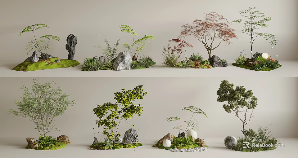 Indoor Landscape Design With Various Trees Ferns Rocks And Green Plants 3d model 