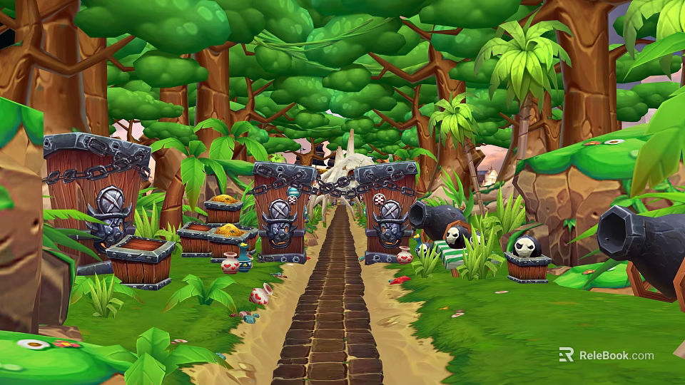 Cartoon Forest Scene With Lush Green Trees Palm Trees Stone Gates Treasure Chests And Pandas 3d model 