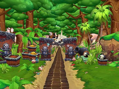 Cartoon Forest Scene With Lush Green Trees Palm Trees Stone Gates Treasure Chests And Pandas 3d model