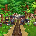Cartoon Forest Scene With Lush Green Trees Palm Trees Stone Gates Treasure Chests And Pandas