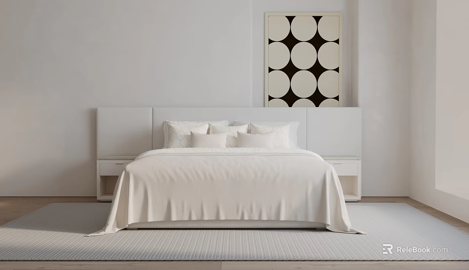 Double Bed With White Linen Bedspread Minimalist Headboard And Geometric Wall Art 3d model 