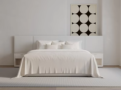 Double Bed With White Linen Bedspread Minimalist Headboard And Geometric Wall Art 3d model