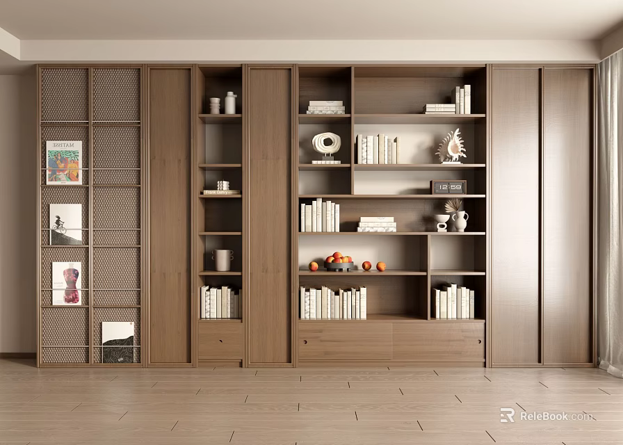 Modern Wooden Bookcase With Open Design Multiple Shelves Books Decorations And Apples 3d model 