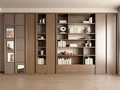 Modern Wooden Bookcase With Open Design Multiple Shelves Books Decorations And Apples 3d model