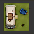 Colorful Camper Van Scene With Roof Luggage Lifebuoy Blue Sofa Guitar Love Sign And Campfire