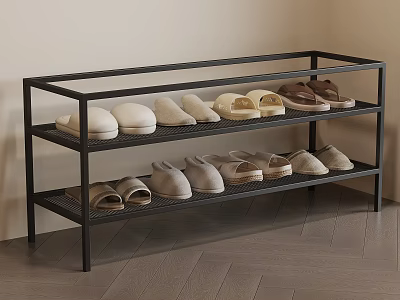 Neutral Colored Shoes on Three Tier Black Shoe Rack with Indoor Wooden Floor 3d model