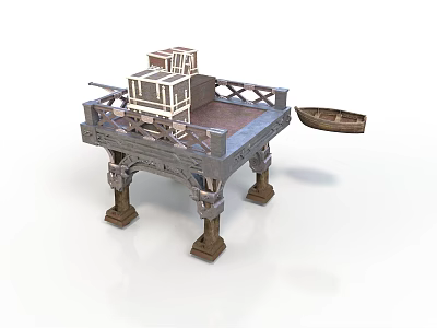 Intricate Decorative Platform With Stacked Boxes And Small Wooden Boat 3d model