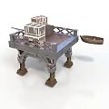 Intricate Decorative Platform With Stacked Boxes And Small Wooden Boat