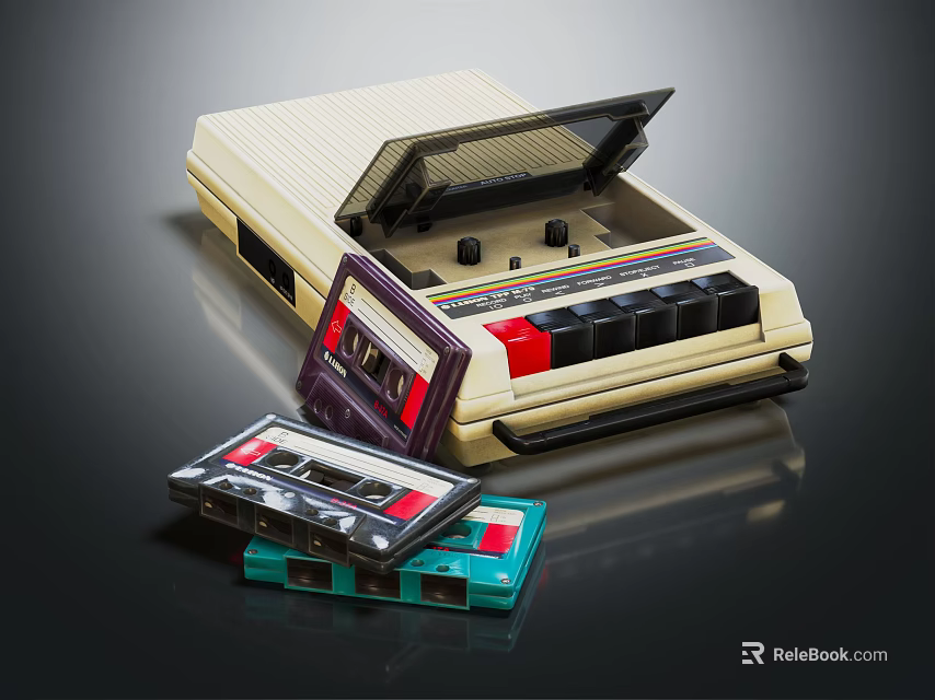 Vintage Cassette Tape Recorder With Open Lid And Colorful Cassette Tapes 3d model 