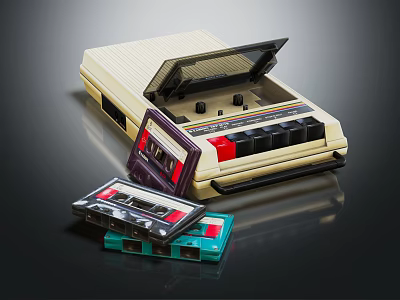 Vintage Cassette Tape Recorder With Open Lid And Colorful Cassette Tapes 3d model