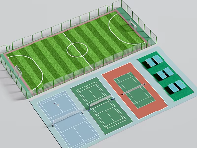 Fenced Green Soccer Field With White Lines And Colored Tennis Courts 3d model