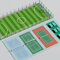 Fenced Green Soccer Field With White Lines And Colored Tennis Courts