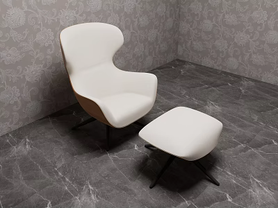 White Upholstered Accent Chair With Wooden Frame And Ottoman In Patterned Wallpaper Marble Floor Setting 3d model