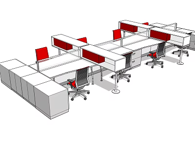 Modular Office Desks With Red Chairs White Surfaces And Storage Cabinets 3d model