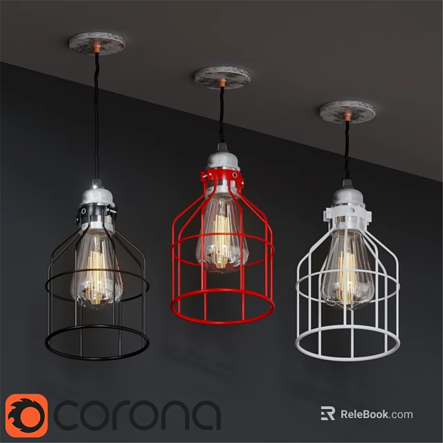 Modern Downlights With Black Red White Metal Cage Design And Vintage Bulbs 3d model 