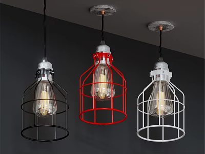 Modern Downlights With Black Red White Metal Cage Design And Vintage Bulbs 3d model