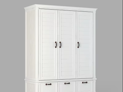 Simple White Wardrobe with Three Doors Vertical Stripe Design and Metal Handles 3d model