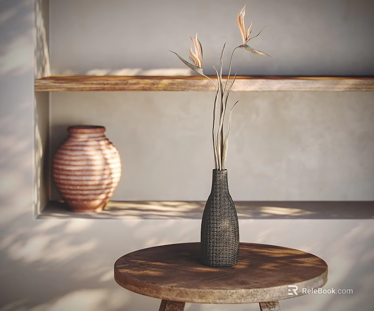 Black Woven Vase With Dried Flowers On Wooden Table And Wooden Shelf With Terracotta Pot 3d model 