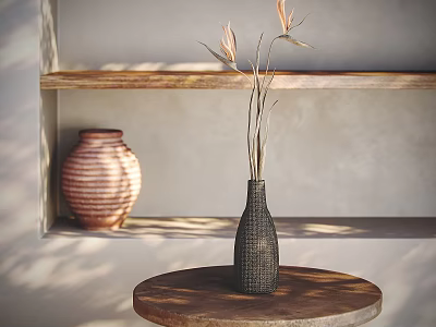 Black Woven Vase With Dried Flowers On Wooden Table And Wooden Shelf With Terracotta Pot 3d model