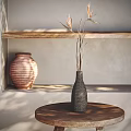 Black Woven Vase With Dried Flowers On Wooden Table And Wooden Shelf With Terracotta Pot
