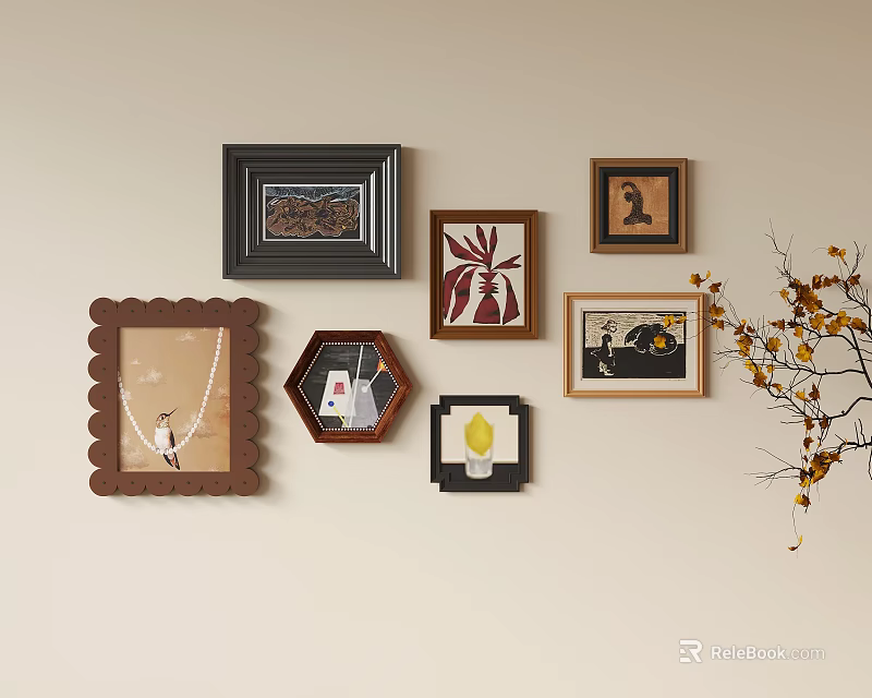 Creative Wall Decor With Various Shaped Frames Artworks And Decorative Branches 3d model